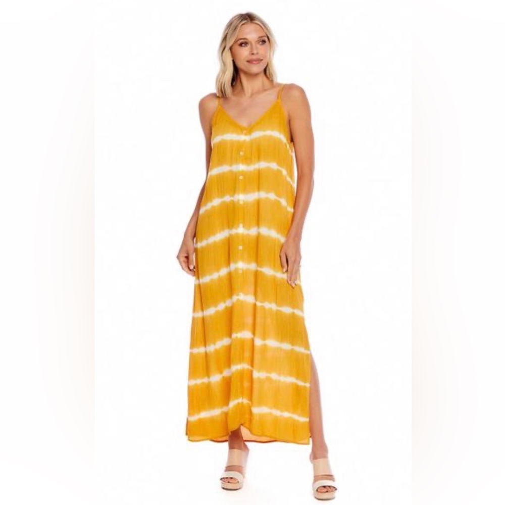Mud Pie Mustard Yellow Tie-Dye Buttoned Midi Dress With Slit Legs